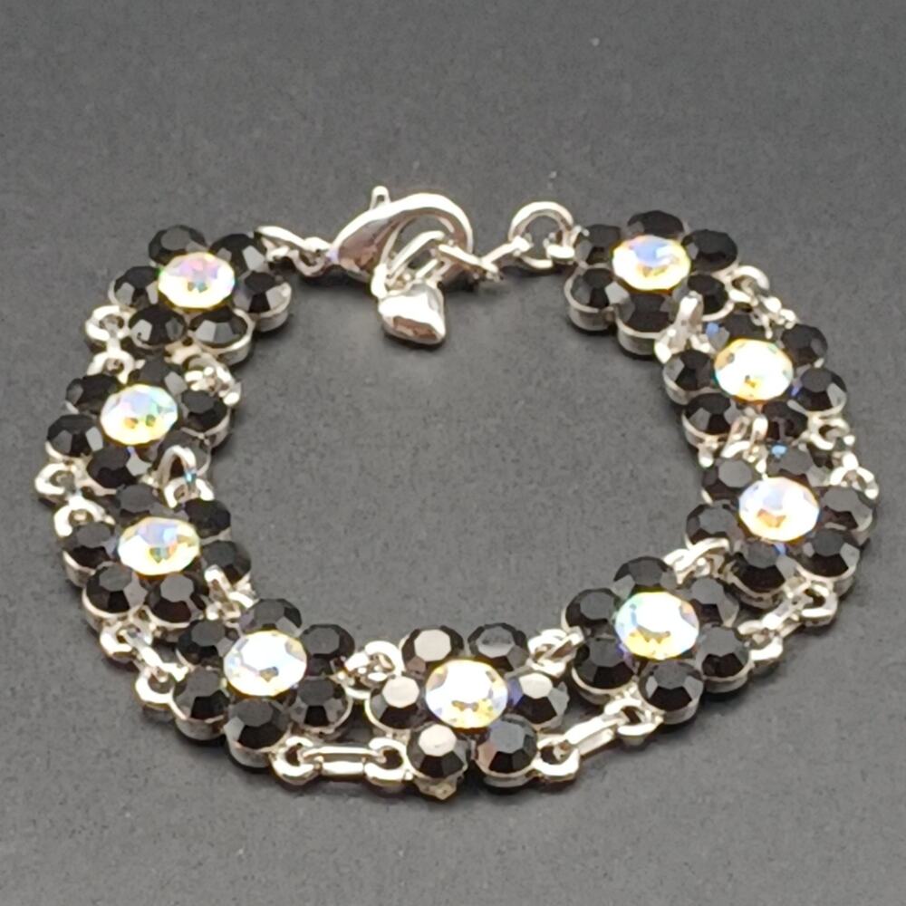 Black Flower Bracelet Silver Tone AB Iridescent Daisy 8" Link